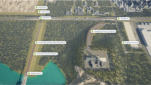 Stratasphere overview map of geosynthetic applications across transport, industrial, and landfill sites