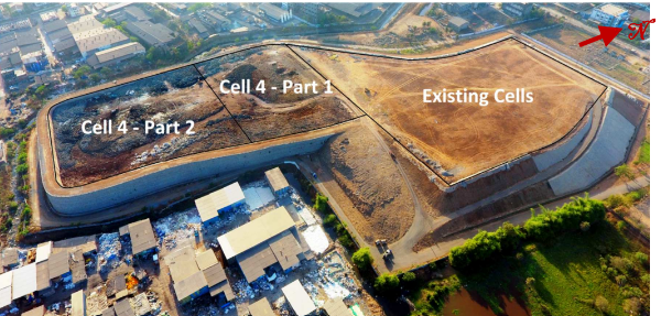 An aerial view of vertical expansion of existing cell for a landfill in Vapi, Gujarat 